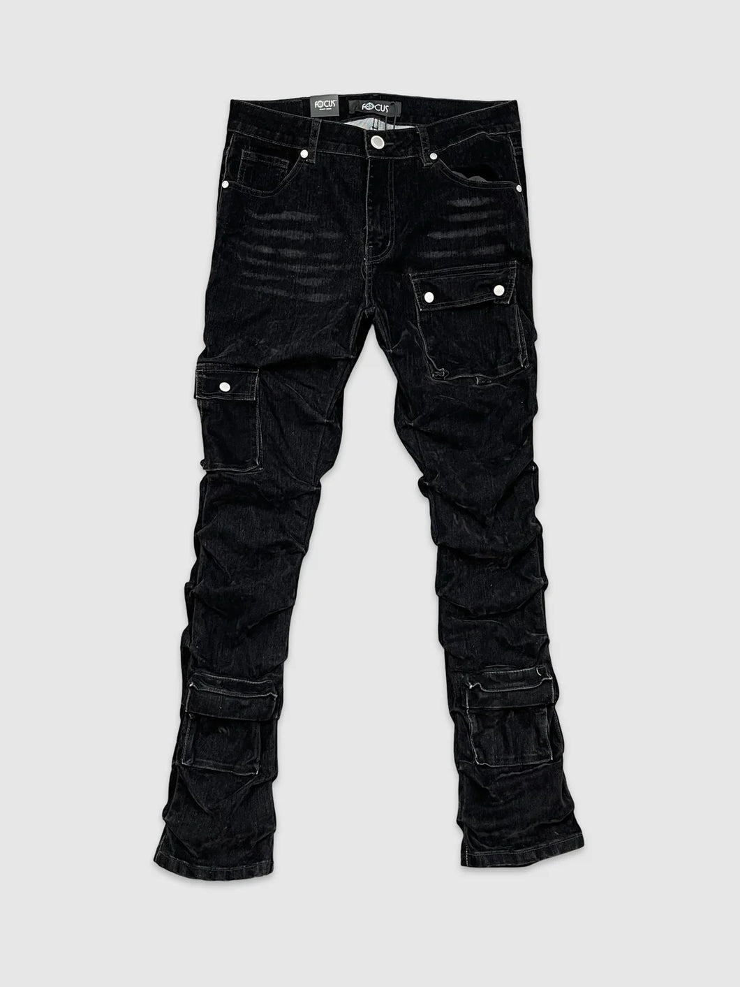 CARGO FLOCKED STACKED DENIM PANTS