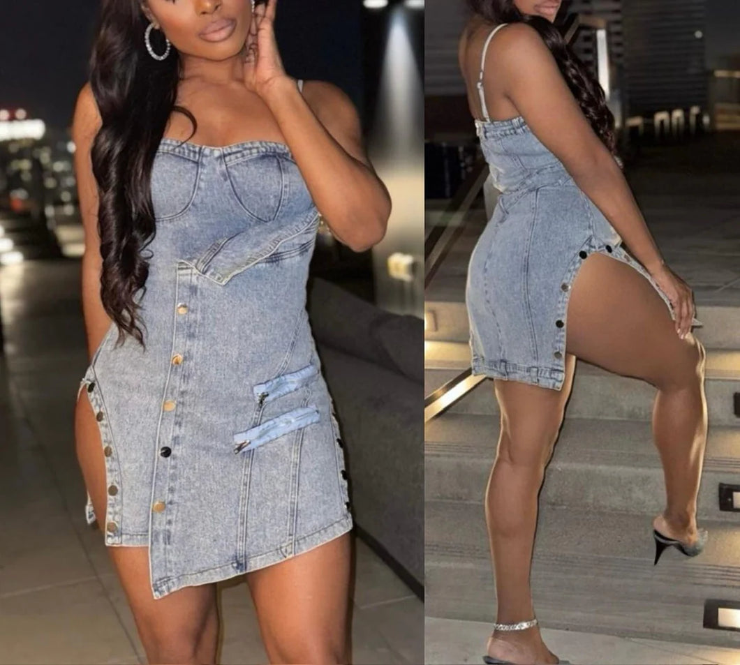 SIDE SLIT DENIM TUBE DRESS