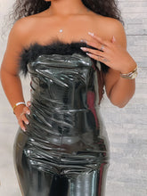Load image into Gallery viewer, FUR TRIM DETAIL TUBE PU JUMPSUIT
